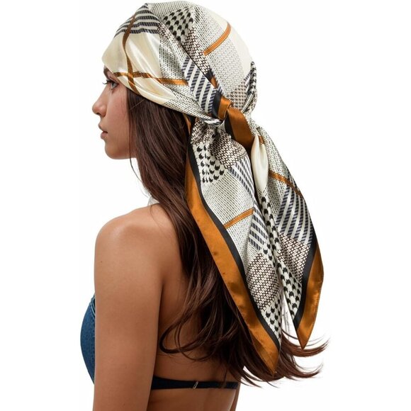 Accessories - Women's Brown/Black Head Scarf Like Silk Printed Square Hair Bandanas 35 Inches